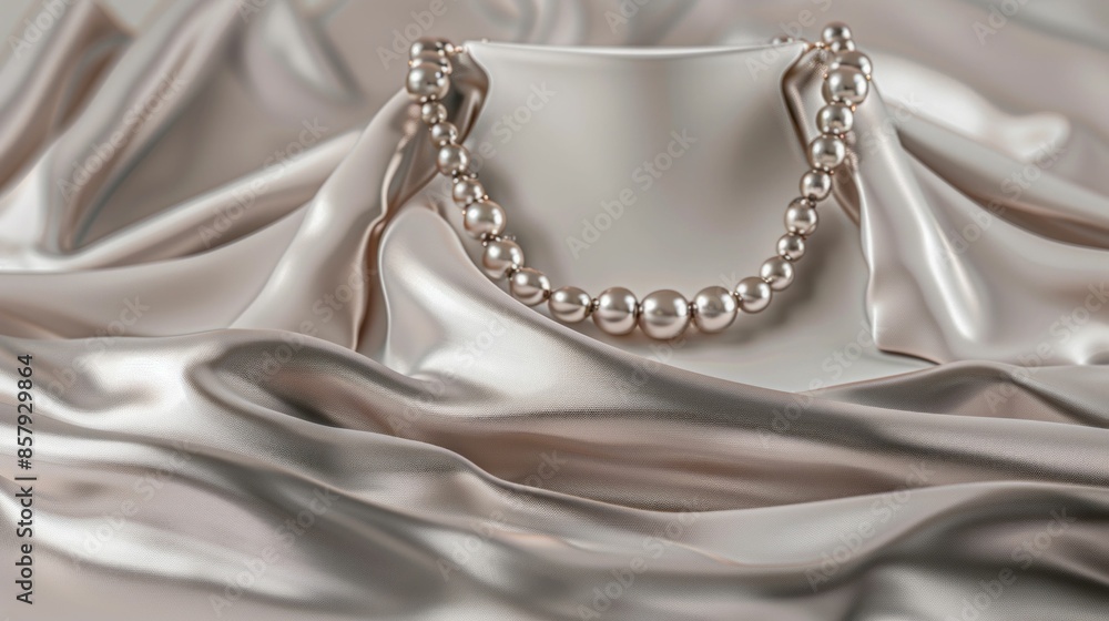Obraz premium Elegant Pearl Necklace and Ring on Satin Fabric. Generative ai