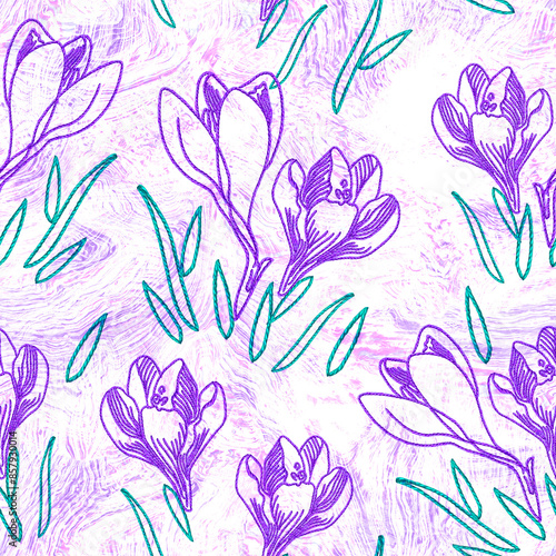 Crocus flowers gentle spring seamless pattern in embroidery style embroidery imitation. Endless design in handicraft style for bedding, wrapping paper, package, fabric, textile.