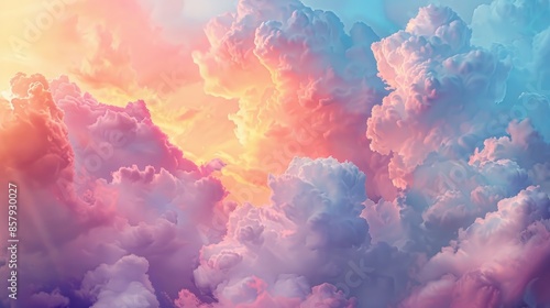 beautiful magic background, cumulus clouds in pastel colors, pink and blue, sun rays