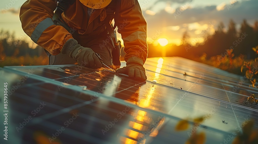 Detailed close-up of a technician adjusting a solar panel, capturing the tools and hands at work, with sunlight reflecting off the panel and a clear sky, hd quality --ar 16:9 --v 6. Detailed close-up of a technician adjusting a solar panel, capturing the tools and hands at work, with sunlight reflecting off the panel and a clear sky, hd quality --ar 16:9 --v 6.