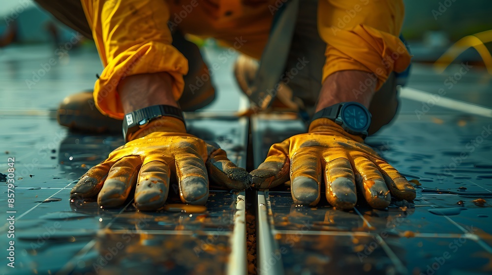 Detailed close-up of a technician's hands fixing a solar panel, showcasing the intricate work and tools used, sunlight casting reflections on the panel, with a clear sky, hd quality, natural look --ar Detailed close-up of a technician's hands fixing a solar panel, showcasing the intricate work and tools used, sunlight casting reflections on the panel, with a clear sky, hd quality, natural look --ar