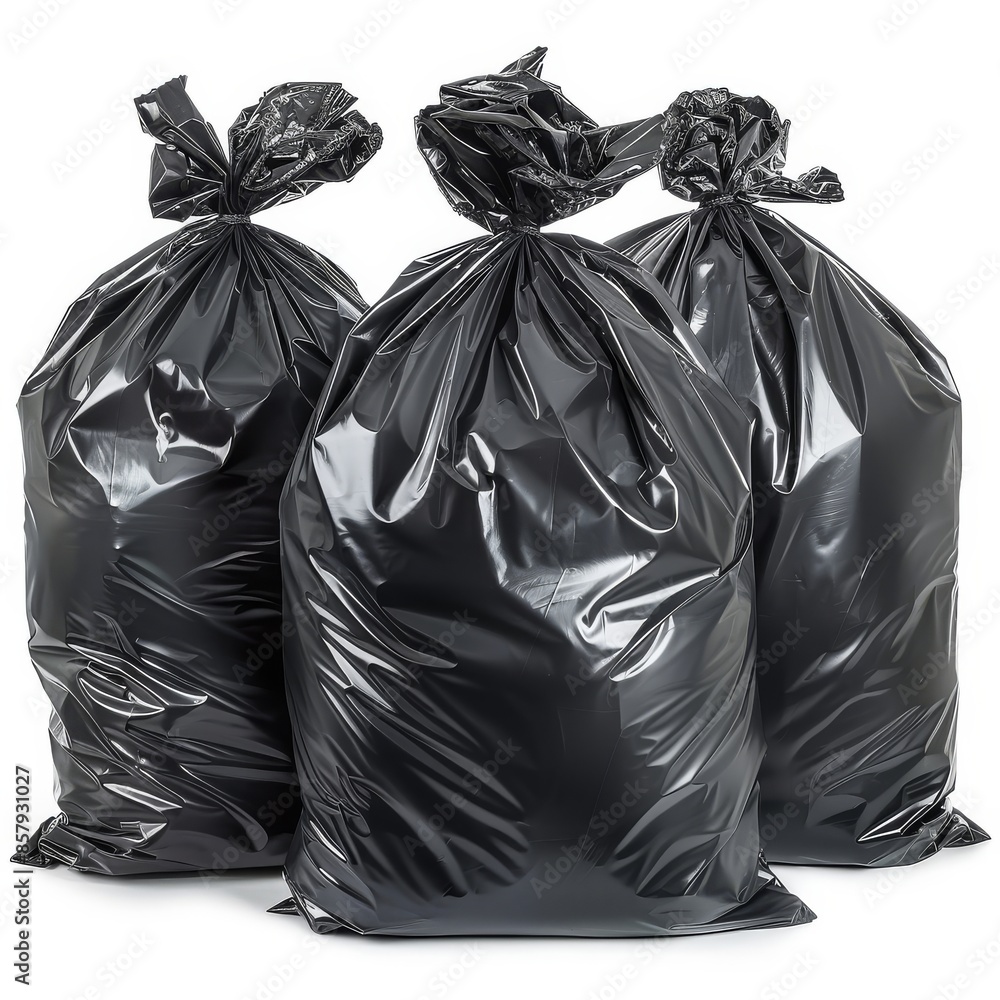 Black trash bag full of garbage isolated on white Black trash bag full of garbage isolated on white