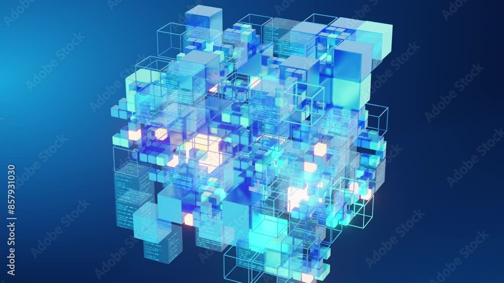 An abstract visualization of a big data network composed of glowing blue cubes and lines, representing complex data structures and connections.