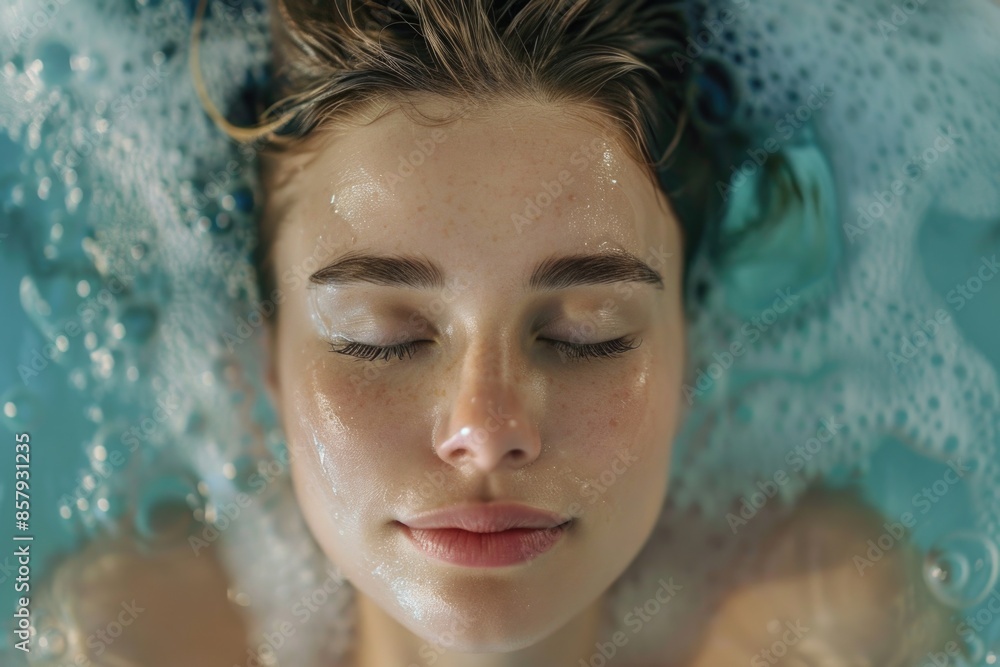 A woman soaks in a warm bath with her eyes closed, symbolizing relaxation and self-care A woman soaks in a warm bath with her eyes closed, symbolizing relaxation and self-care