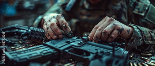 Special forces, soldier police, weapon working, a close-up shot of a special forces operative hands meticulously assembling a high-precision firearm, background blurred to emphasize