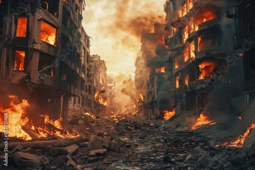 Fototapeta Naklejka Na Ścianę i Meble -  A city street filled with numerous burning buildings