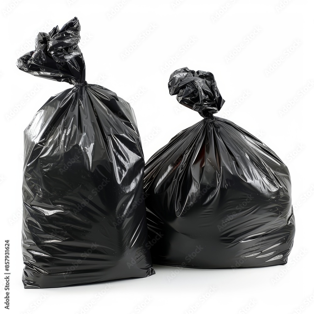 Black trash bag full of garbage isolated on white Black trash bag full of garbage isolated on white