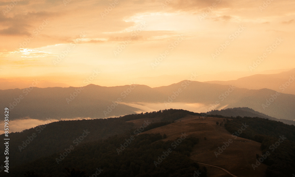 panoramic summer foggy scenery, scenic sunrise morning view in Carpathian mountains, Ukraine, Europe panoramic summer foggy scenery, scenic sunrise morning view in Carpathian mountains, Ukraine, Europe