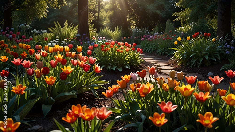 A stunning, of a diverse array of plants and flowers, showcasing their vibrant color of tulips, roses, daisies.6500x3649 px.