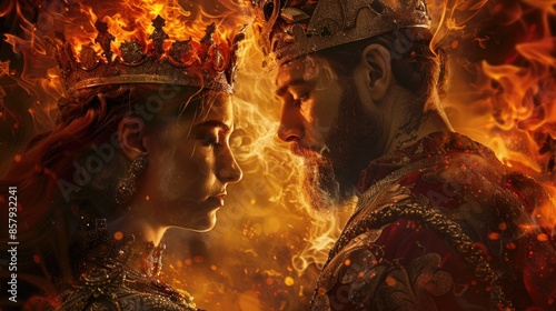 Couple wearing crowns stands near open flame, suitable for fantasy or historical context use