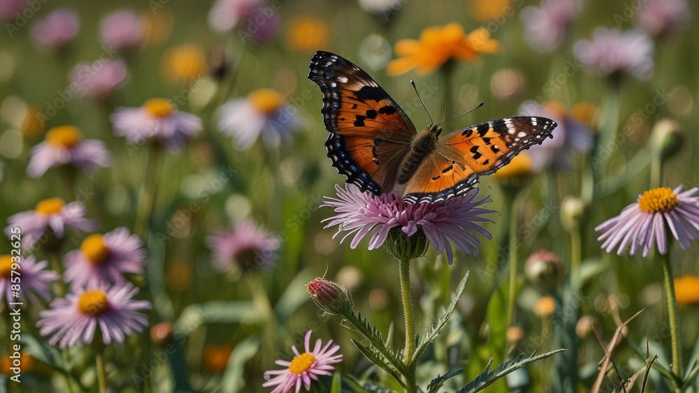 Butterfly on Purple Flower in Wildflower Field Butterfly on Purple Flower in Wildflower Field