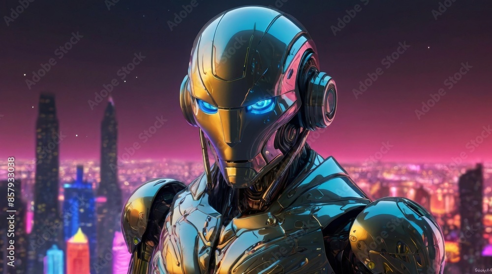 Fototapeta premium Futuristic Robot with Glowing Blue Eyes in Cityscape