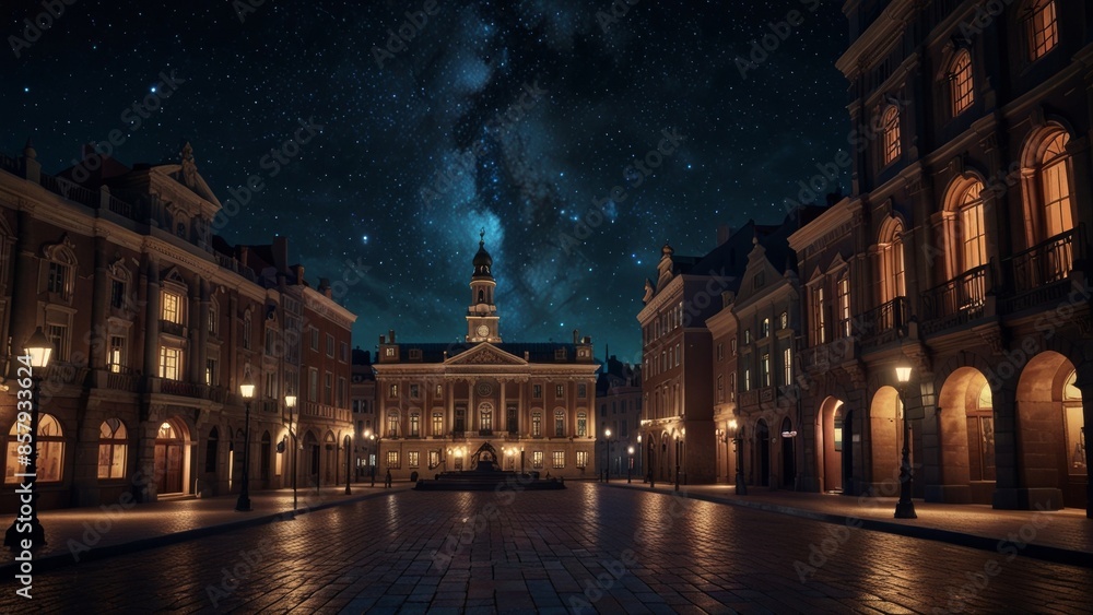 Obraz premium Nighttime Town Square with Historical Buildings and Starry Sky