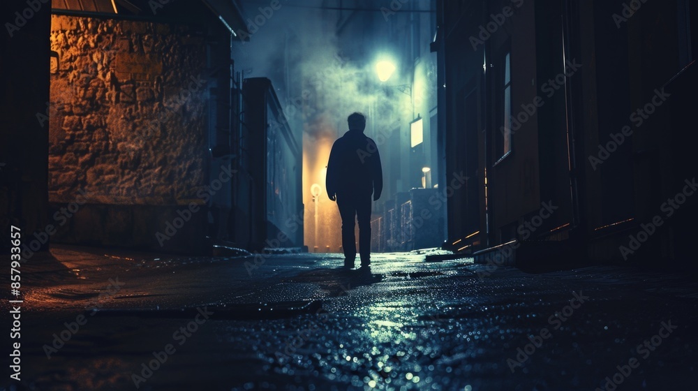 A person is illuminated by the faint light of a streetlamp, standing alone in a dark and deserted alleyway at night A person is illuminated by the faint light of a streetlamp, standing alone in a dark and deserted alleyway at night