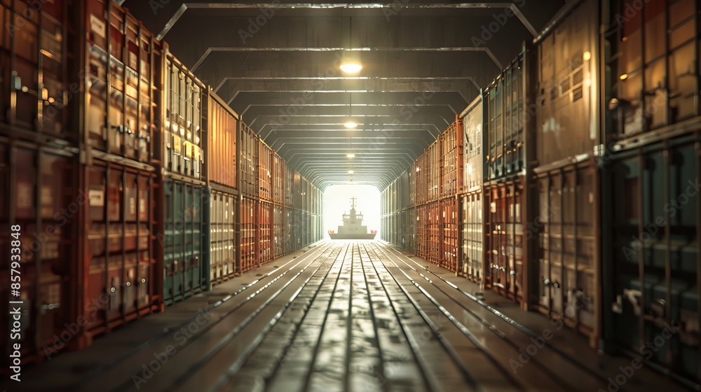 Warehouse tunnel filled with containers boxes, a cargo freight ship visible outside, representing export logistics, raw style Warehouse tunnel filled with containers boxes, a cargo freight ship visible outside, representing export logistics, raw style
