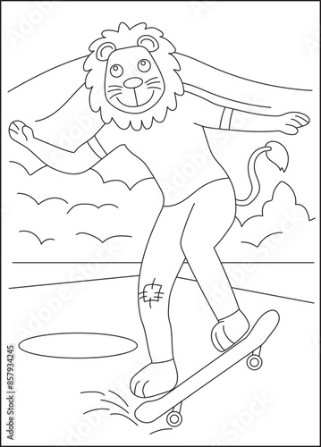 lion skate funny coloring book page