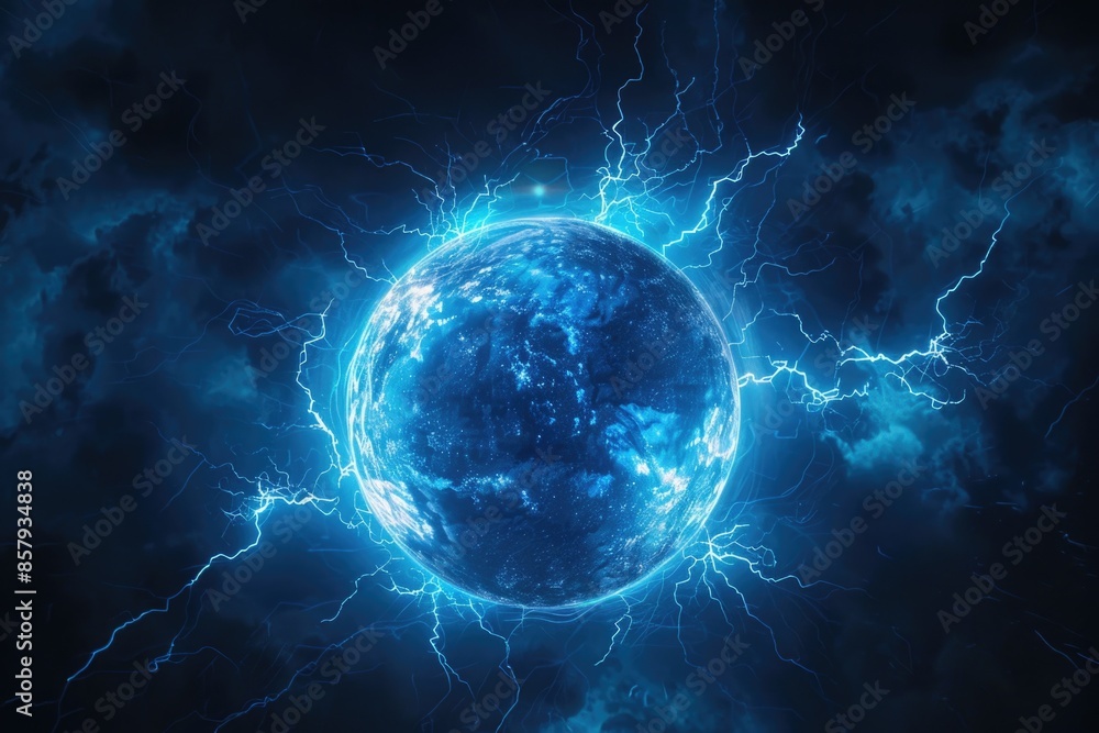 A close-up shot of a blue ball with a burst of lightning energy emanating from it A close-up shot of a blue ball with a burst of lightning energy emanating from it