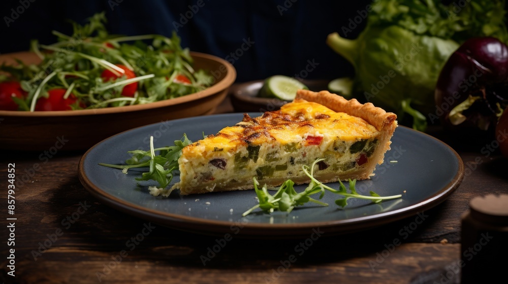Slice of quiche with beautifully browned crust Slice of quiche with beautifully browned crust