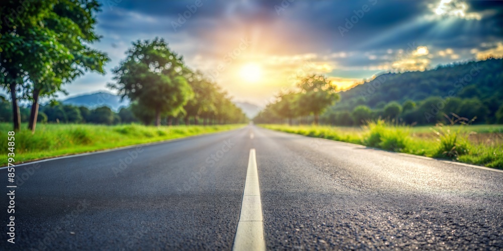 Fototapeta premium Rural Road Blur: A blurred rural road with asphalt, providing a serene and countryside feel for product displays. 