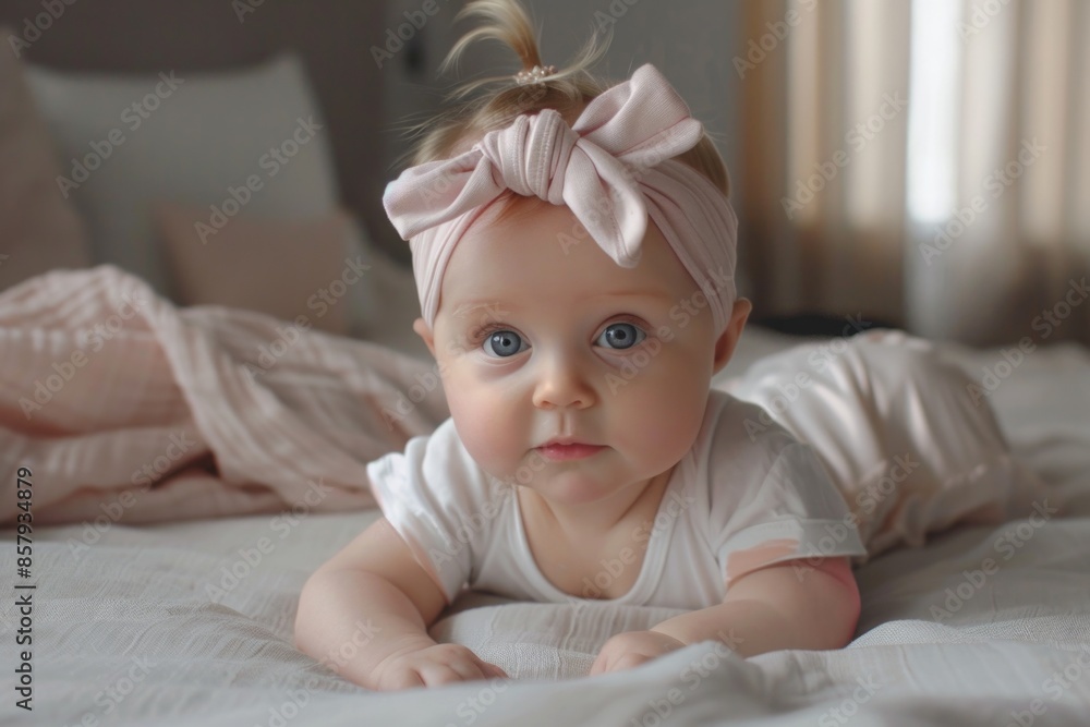 A young infant resting on a mattress, adorned with a bright pink headband A young infant resting on a mattress, adorned with a bright pink headband