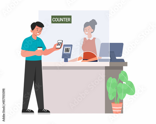 man holding mobile phone standing at checkout counter pos terminal confirms payment by smartphone Cashless payment system