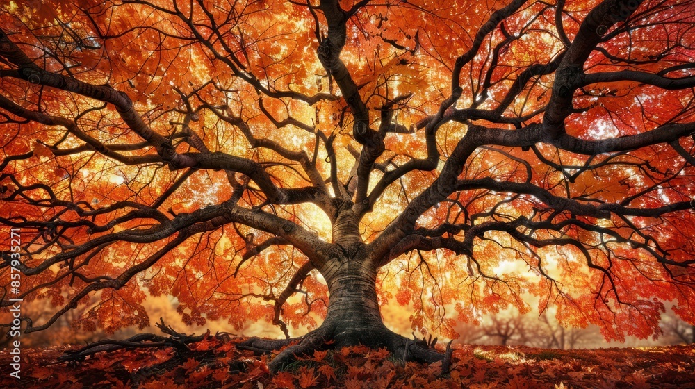 Stunning autumn tree with sprawling branches and vibrant orange leaves glowing under the sunlight, depicting the beauty of fall season.
