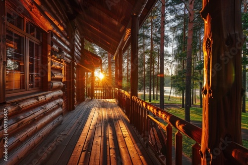 Sunset on the porch of a log cabin, great for travel or nature photography photo