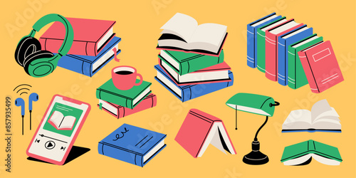 Vector illustration set of items related to books and audiobooks