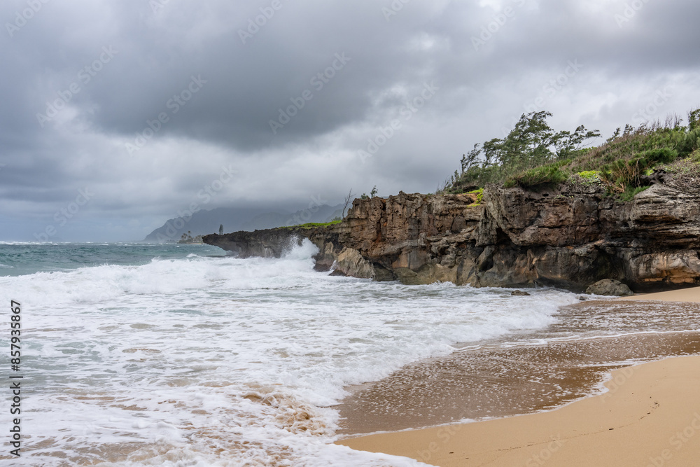 Older dune deposits, Eolianite or aeolianite, sand dune rock, Pounder’s Beach,Oahu's North Shore, Windward Coast,Honolulu, Hawaii. Older dune deposits, Eolianite or aeolianite, sand dune rock, Pounder’s Beach,Oahu's North Shore, Windward Coast,Honolulu, Hawaii.