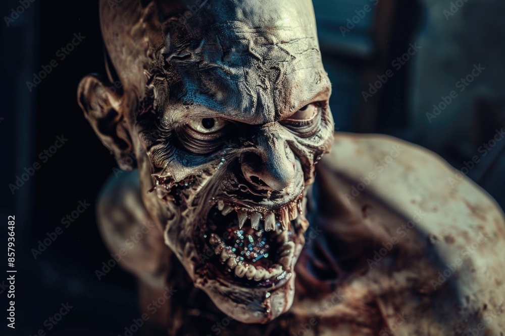 A detailed view of a zombie statue's face with decaying skin and sunken eyes A detailed view of a zombie statue's face with decaying skin and sunken eyes