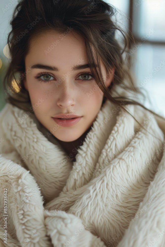A person wrapped in a blanket looks directly at the camera A person wrapped in a blanket looks directly at the camera