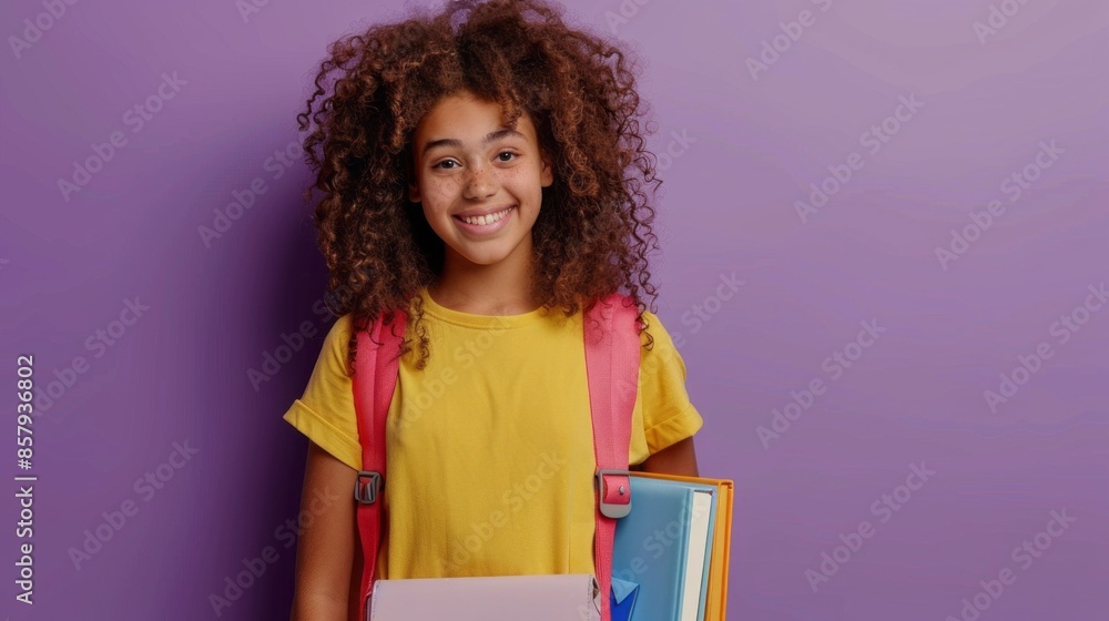 Fototapeta premium A young girl with curly hair is smiling and holding a backpack and several books