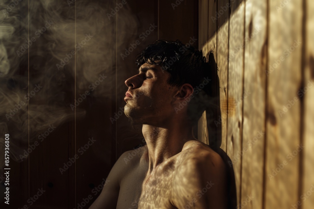 A shirtless man stands in front of a wooden wall, looking directly at the camera A shirtless man stands in front of a wooden wall, looking directly at the camera