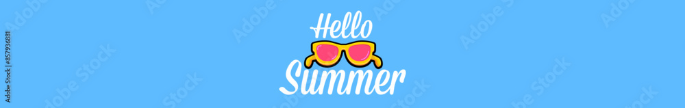 Fototapeta premium Super Hello summer wide banner with text and retro yellow sunglasses isolated on blue water wide background. Hello summer wide design template with cartoon sunglasses, beach, water pool , summer vibe