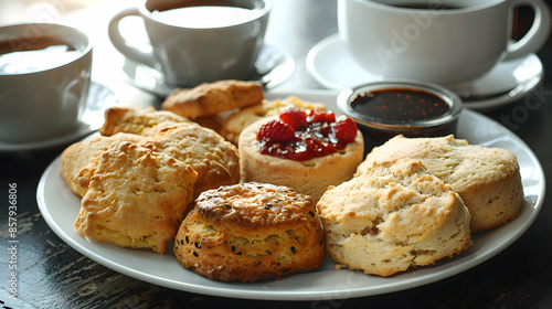 A plate of freshly baked fast food vegan scones with a variety of flavors