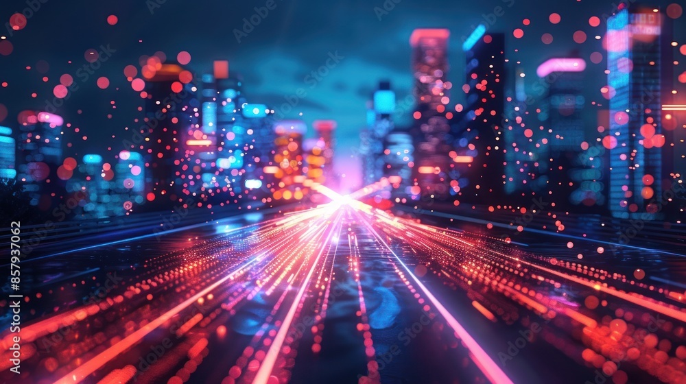 Fototapeta premium Cityscape with Glowing Lights and Red Lines