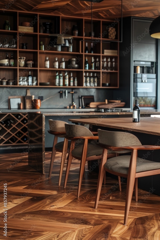 A traditional dining setting with a wooden table, chairs, and wine bottles A traditional dining setting with a wooden table, chairs, and wine bottles