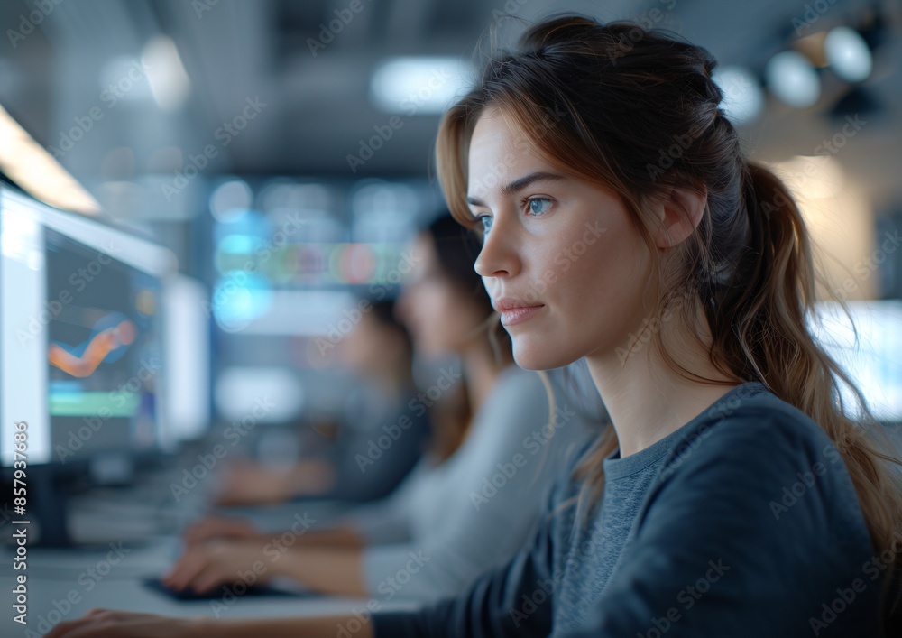 Focused Young Professional Woman Analyzing Data on Computer in Modern Office Focused Young Professional Woman Analyzing Data on Computer in Modern Office