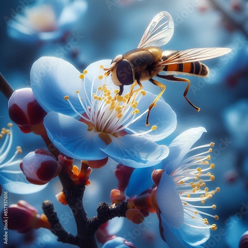 a been landing on a blue blooming cherry flower  photo