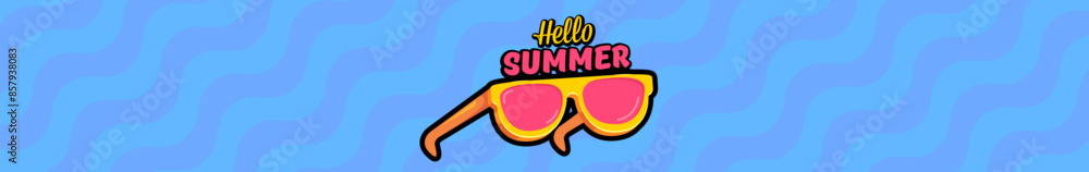 Fototapeta premium Super Hello summer wide banner with text and retro yellow sunglasses isolated on blue water wide background. Hello summer wide design template with cartoon sunglasses, beach, water pool , summer vibe