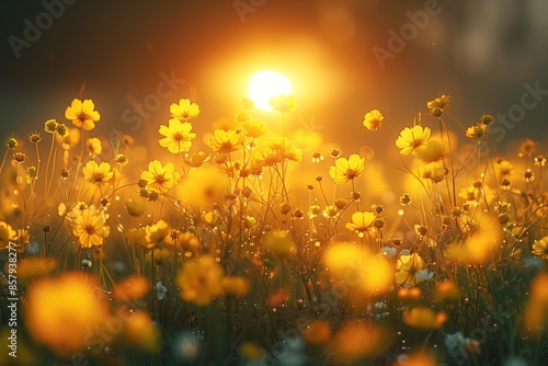 Golden Hour Sunset Field Landscape with Yellow Flowers © mattegg