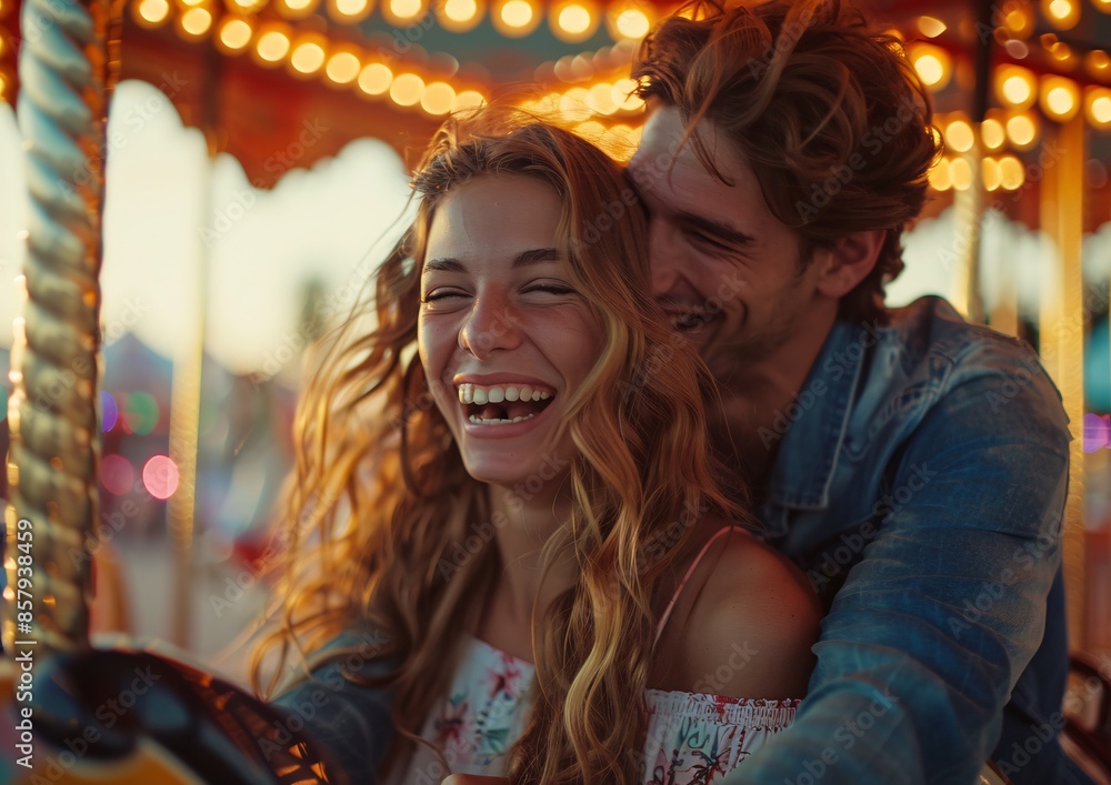 Happy Couple Enjoying a Romantic Evening on a Carousel Ride at Carnival Happy Couple Enjoying a Romantic Evening on a Carousel Ride at Carnival