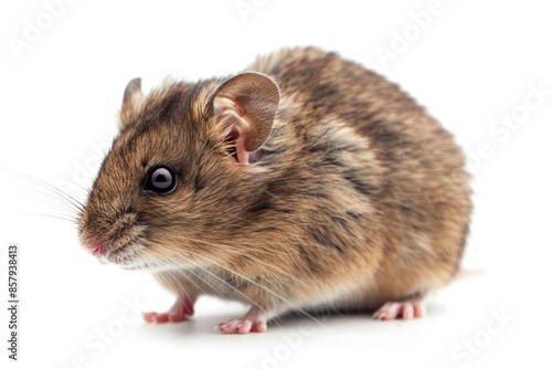 A small brown mouse sits on a white surface, looking around