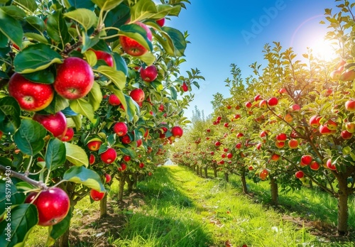 Apple orchard in autumn green grass, beautiful scenery, green nature	