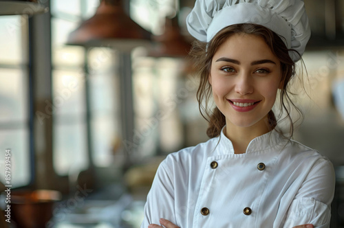 Caucasian female chef. Portrait of attractive woman chef with dark long hair and brown eyes looking at camera and smiling