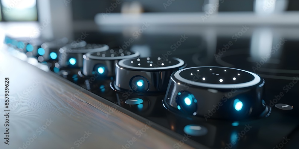 Closeup view of a smart power strip featuring individual outlet control switches. Concept Smart Power Strip, Individual Outlet Control, Closeup View, Tech Gadgets, Smart Home Devices Closeup view of a smart power strip featuring individual outlet control switches. Concept Smart Power Strip, Individual Outlet Control, Closeup View, Tech Gadgets, Smart Home Devices
