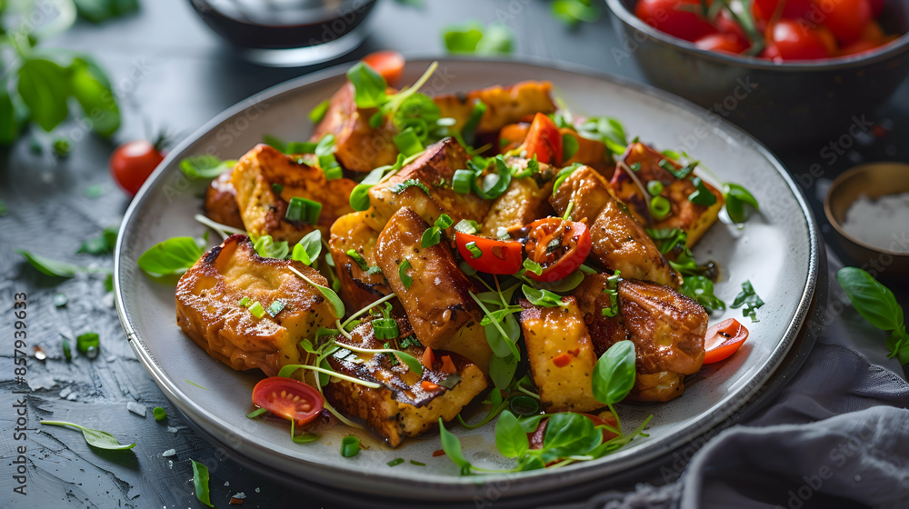 A plate of freshly made fast food vegan French toast with vibrant ingredients and rich flavors A plate of freshly made fast food vegan French toast with vibrant ingredients and rich flavors
