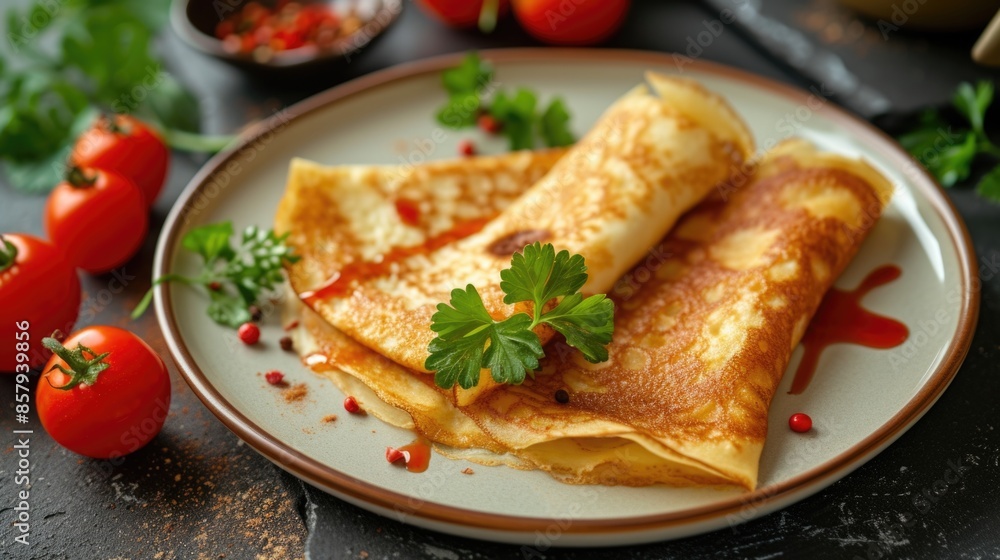 Savory Crepes with Fresh Herbs and Tomatoes on Plate Savory Crepes with Fresh Herbs and Tomatoes on Plate