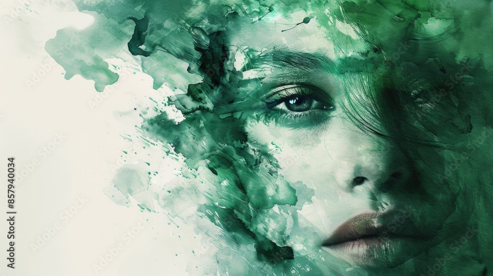 Fototapeta premium A close-up portrait of a woman with green paint on her face, possibly for artistic or theatrical purposes