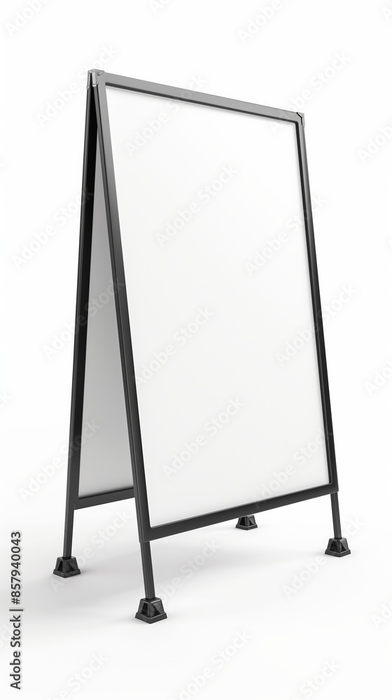 A blank white sandwich board street sign, standing vertically isolated on white background. Canvas mockup with copyspace for advertising or information display